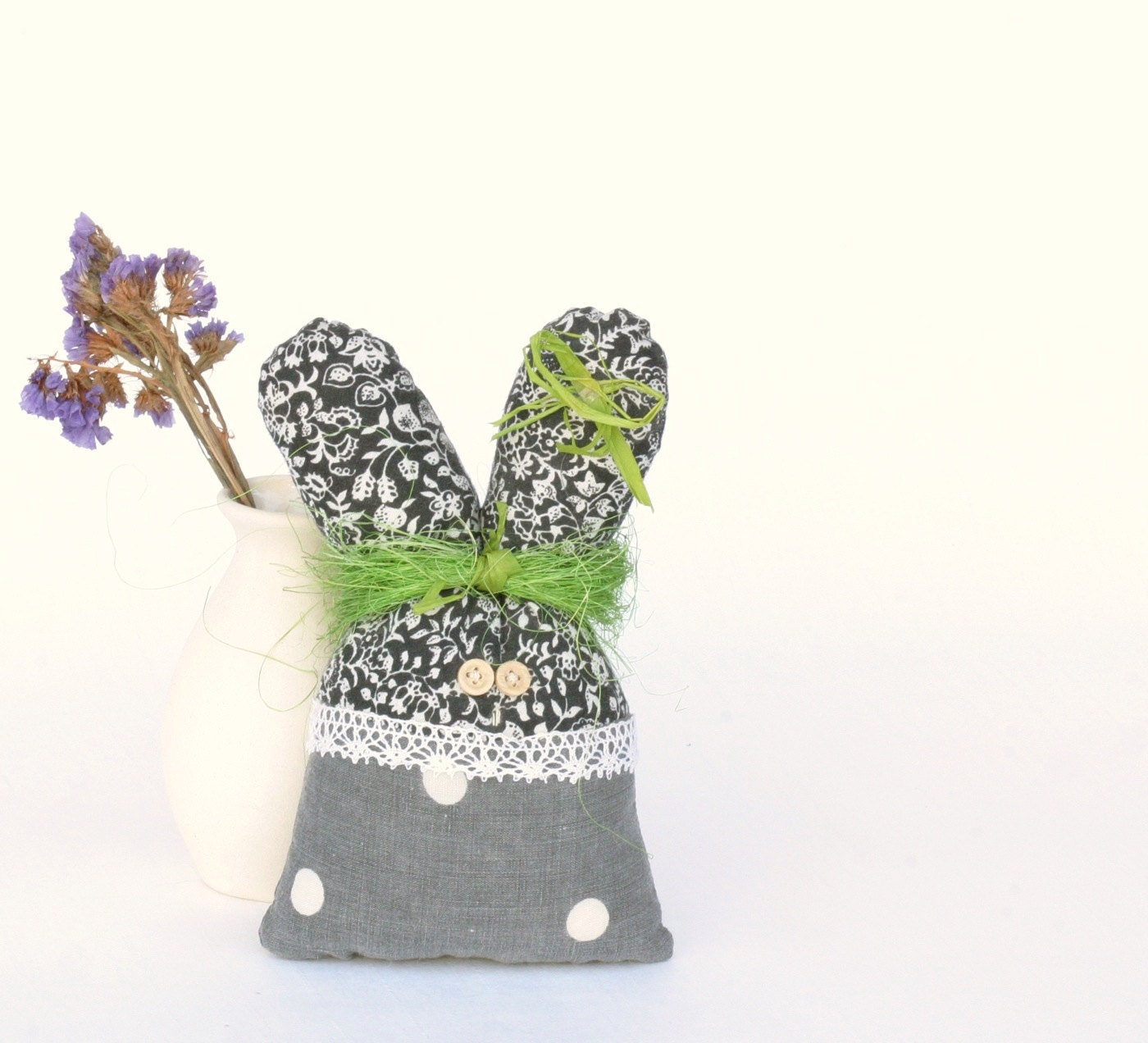 Gray Bunny Rabbit Toy Floral Polka Dot Stuffed Fabric Toy Cute Bunny Primitive Doll Home Decor Nursery Decor Handmade Toy Easter Gift Spring