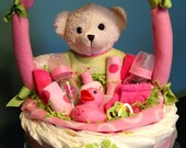 42 Piece Pink & Green DIAPER GIFT BASKET Baby Shower Girl Centerpiece 