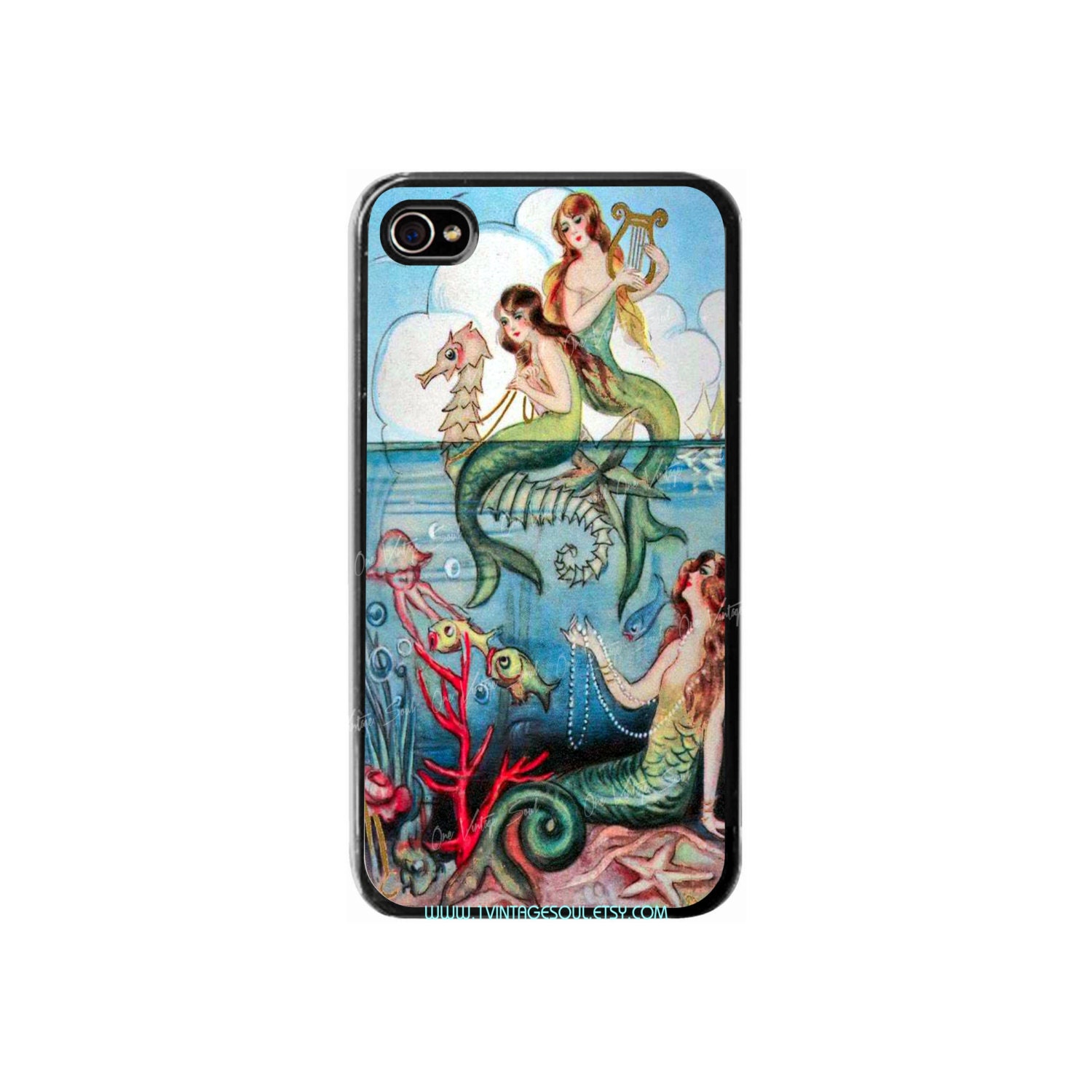 iPhone 4 Case - Vintage Mermaids, Vintage Mermaids iPhone 4 Case, iPhone 4s Case, Chiostri Mermaids, Mermaids Phone Case