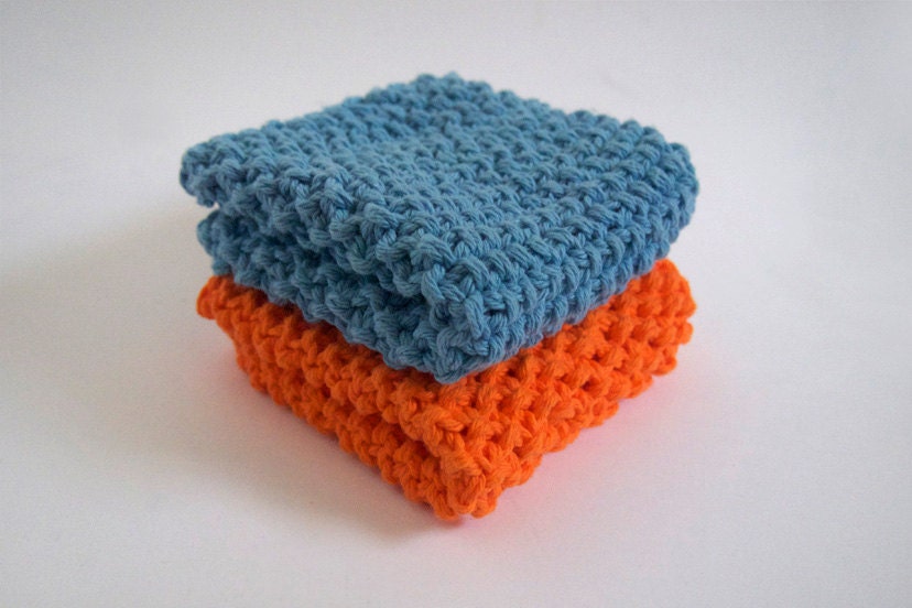 hand knit plushy cotton washcloth set in bright neon orange and light baby blue