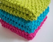 hand knit plushy cotton washcloths, set of three in hot green, aqua blue and fuschia