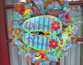 Orange Lime Green Turquoise Flip Flop Summer Deco Mesh Door Wreath