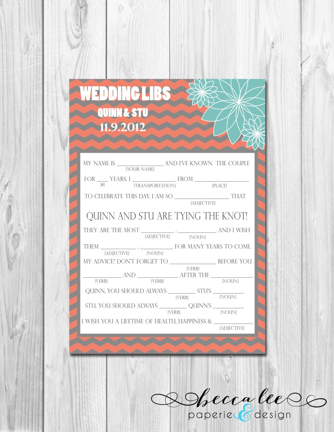 Wedding Advice Mad Lib - Chevron & Floral - Grey, Blue, Salmon - Customizable - Printable Il_170x135