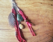 keychain or zipper pull- feather, turquoise,yellow lace agate, red leather fringe
