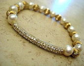 Celebrity Inspired Fresh water Pearl 14K Gold Filled Beaded Crystal Rhinestone Bar Charm Stretch Bracelet
