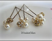 Bridal Hair Pins, Wedding Hair Accessories, Swarovski Pearls Gold Rhinestones, Bridesmaid Hairdo, Gold wedding, Ivory hairpins, Set of 3