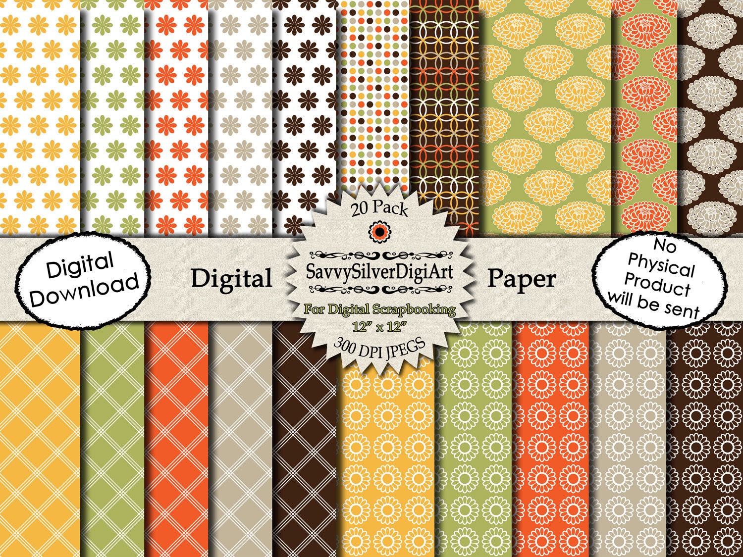 Autumn Digital Paper -INSTANT DOWNLOAD, Khaki Brown Orange Gold Green, Fall Flower Polka Dot Diagonal Stripe Background Scrapbook Paper DP9