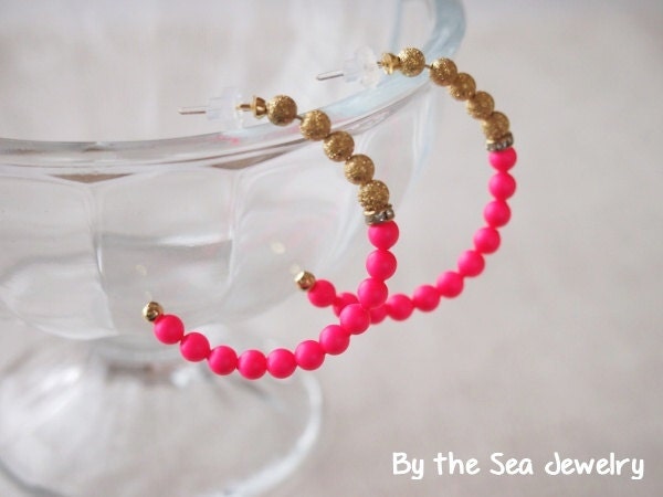 Swarovski neon PINK & gold stardust beads hoop earrings, plastic earrings,Allergy Free