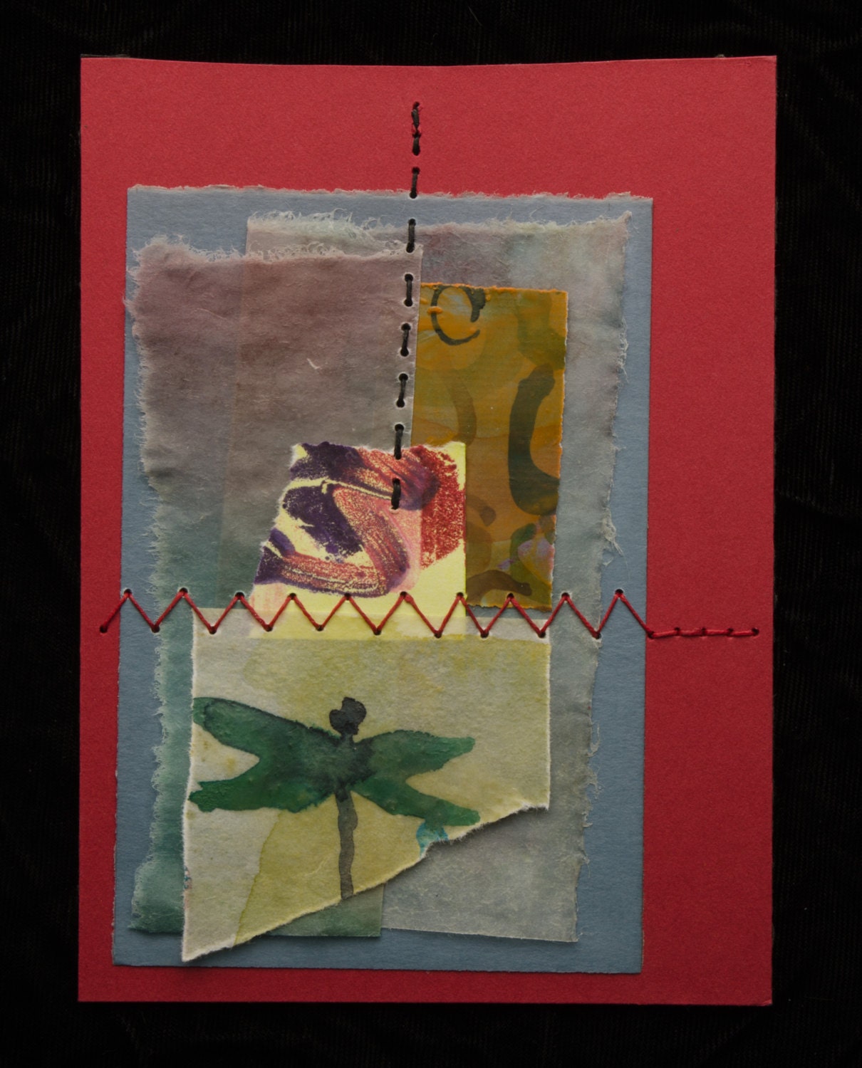 Dragon Fly Away. Encaustic Mixed Media Art No. 0070. Abstract. Waxed paper and threads.