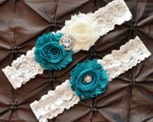 Wedding Garter Set, Bridal Garter Set - Ivory Lace Garter, Keepsake Garter, Toss Garter, Shabby Chiffon Rosette Jade Wedding Garter