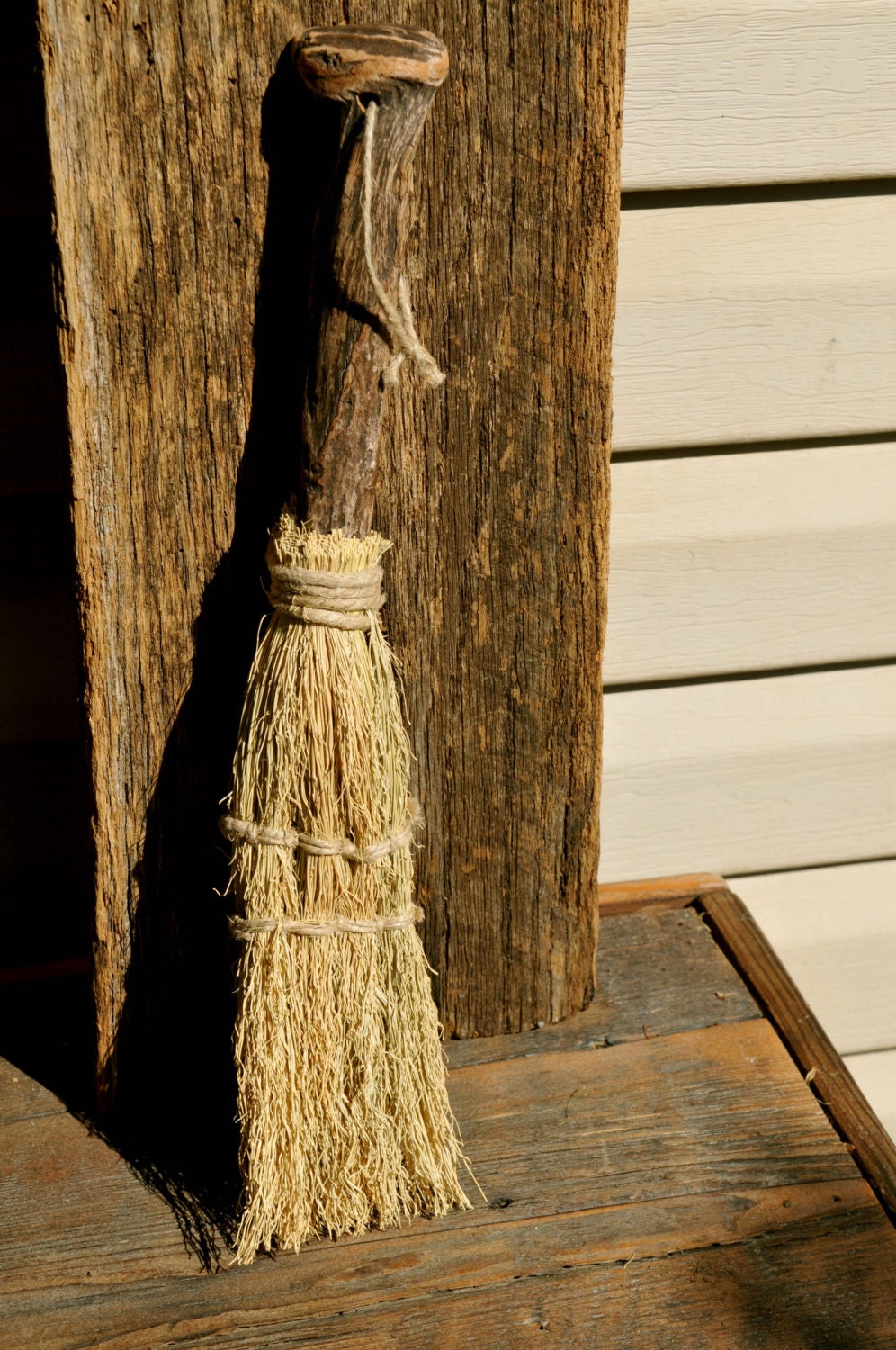 Handmade primitive driftwood whisk broom with hemp cord