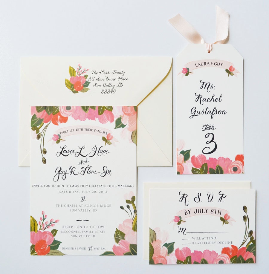 Custom Hand Painted Wedding Invitation Suite/ Set of 25-Bright Florals