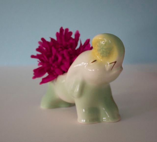 Vintage Ceramic Elephant Planter // Ceramic Lime and Yellow Elephant Vase