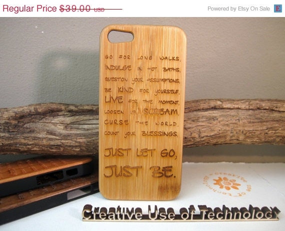 ON SALE wooden iphone 5 cases with sturdy rubber bumper - bamboo, cherry or black walnut wood - laser engraved - Just let go, just be
