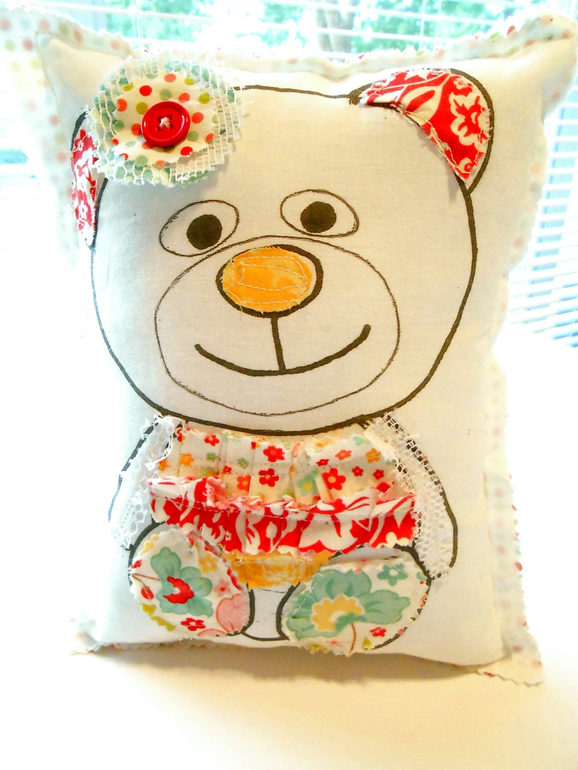 Stuffed Bear Pillow, Appliqued Animal Pillow, Fabric Scrap Pillow, Kid's Decor, Ruffle Pillow, Handmade Novelty Pillow,Riley Blake