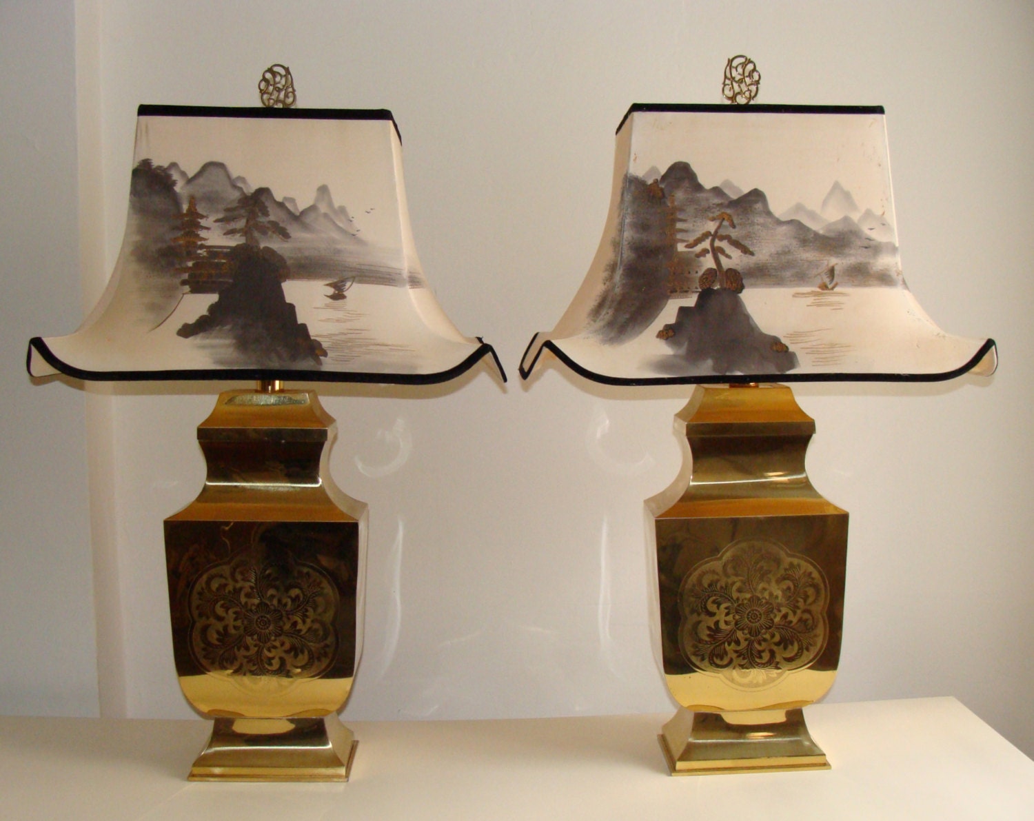 Pair of Large Stunning Hollywood Regency Gold Brass  Lamps Vintage Chinoiserie Pagoda Shades Hand Painted Matching Set