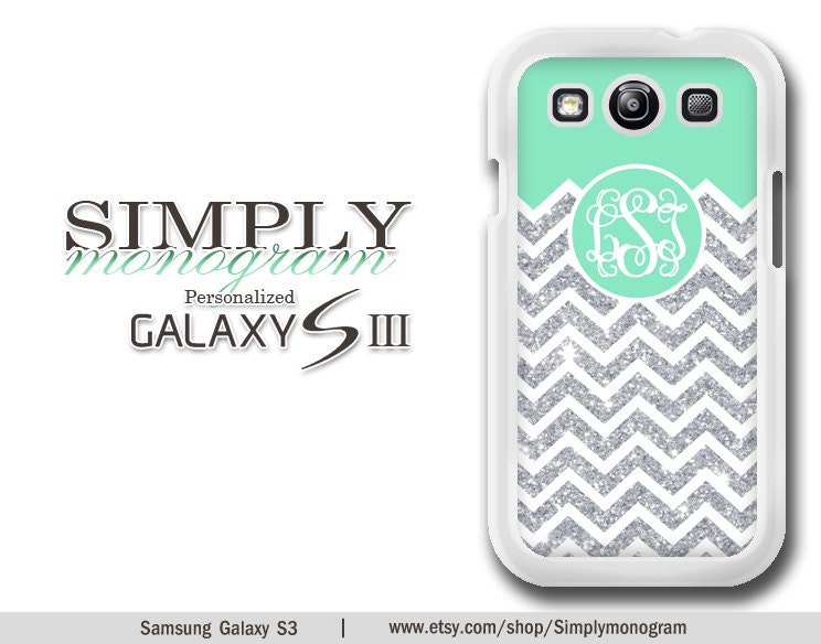 Samsung Galaxy S3 Case  Samsung Galaxy SIII Case - Plastic and Rubber - Glitter (Not Actual Glitter) and mint chevron monogram