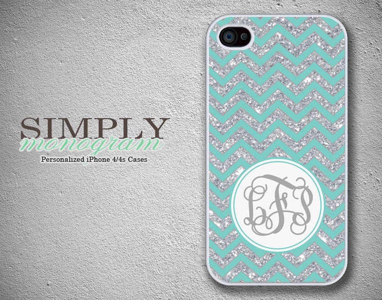 Personalized iphone 4 case - iphone 4s case - plastic or silicone rubber - Tiffany and glittery chevron monogram ( NOT ACTUAL GLITTER )