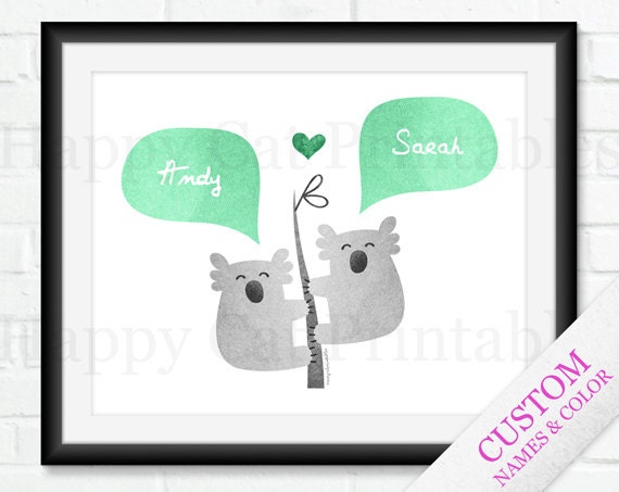 Koala COUPLE Printable Wall Art Personalized Wall Decor Name Animal Green Gray Print Custom Home Decor Poster Love Heart Wedding Gift 8x10
