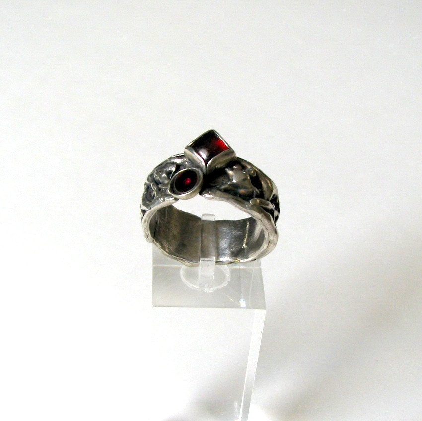 Organic Statement Ring, Sterling Silver Ring, Garnet Stones, Unisex Ring, Designer Ring