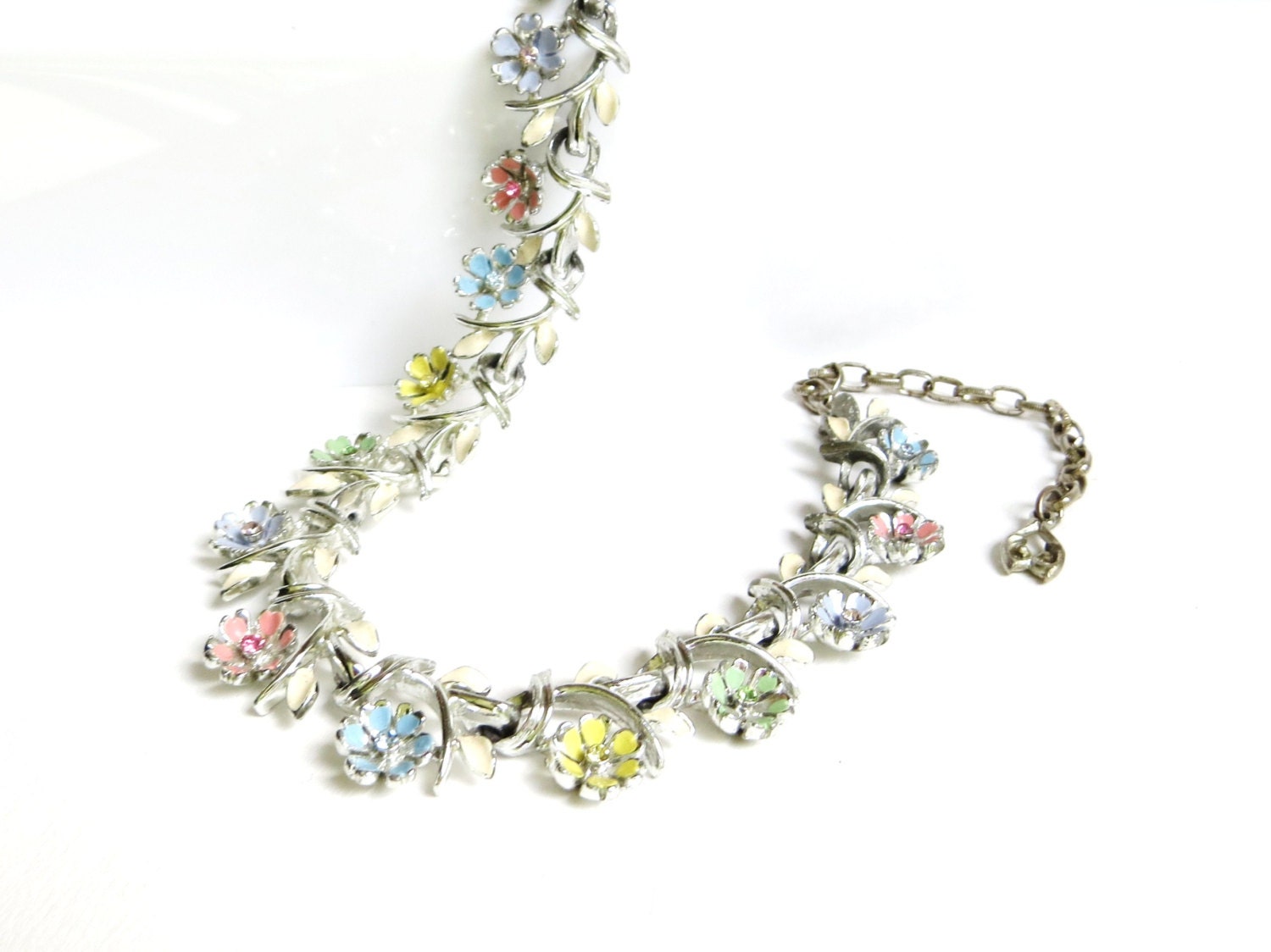 Vintage Enamel Flower Necklace with Rhinestones, Floral Flower Choker, Silver Tone Metal, Pink, Blue and Yellow