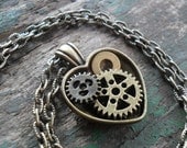 Clockwork Gear Heart Locket Necklace in Antique Brass on 24.5" 623cm) Large Link Textured Chain, Steampunk, Airship Pirate, Love, Sweetheart