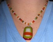 Sea Glass Beaded Necklace, OOAK Pendant Necklace, Modern Red Orange Green White Handmade Glass Pendant, 18 inch necklace, Statement necklace
