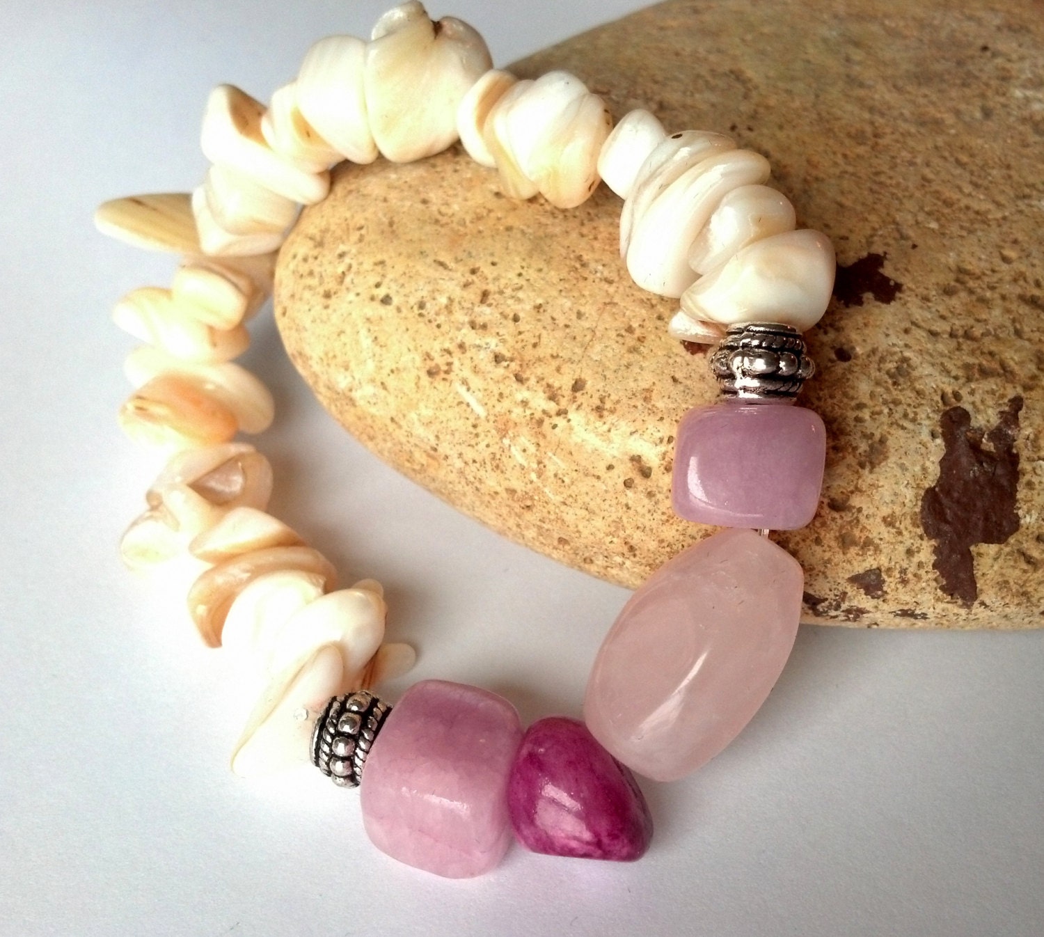 Rose Quartz, Hot Pink Jade, and Cream Shell Beach Stretchy Bracelet