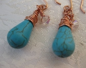 For Her, Turquoise  Tear Drop  Earrings, Pure Copper Wirewrapped . Swarovski, Crystal Beads.Womens Jewelry