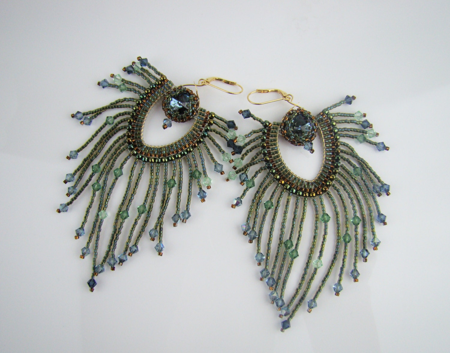Peacock earrings,  seed bead fringe earrings, green blue, ooak seed bead earrings, handcrafted jewelry, 7PM boutique - 7PMboutique