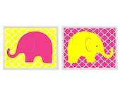 Elephant Wall Art - Hot Pink Yellow  Decor  - Nursery Art Children Kid Baby Girl Room - Home Decor Set 2 8x10 Print