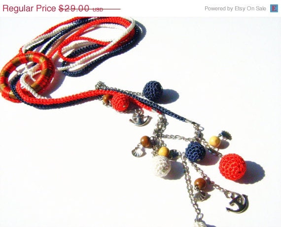 ON SALE 25% Lariat Necklace. Marine Colors (White-red-deep blue) multi strand crochet lariat necklace.