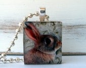 Brown Bunny Scrabble Tile Wood Pendant,  rabbit necklace, summertime, scrabble jewelry, recycled, baby bunny, scrabble art