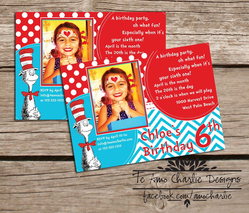 Printable Dr. Seuss Cat in the Hat Birthday Party Invitations - Baby Shower Invitations - Birthday Party Invitations