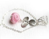 Orchid necklace, pink lampwork pendant on silver chain, romantic jewelry - by MayaHoney