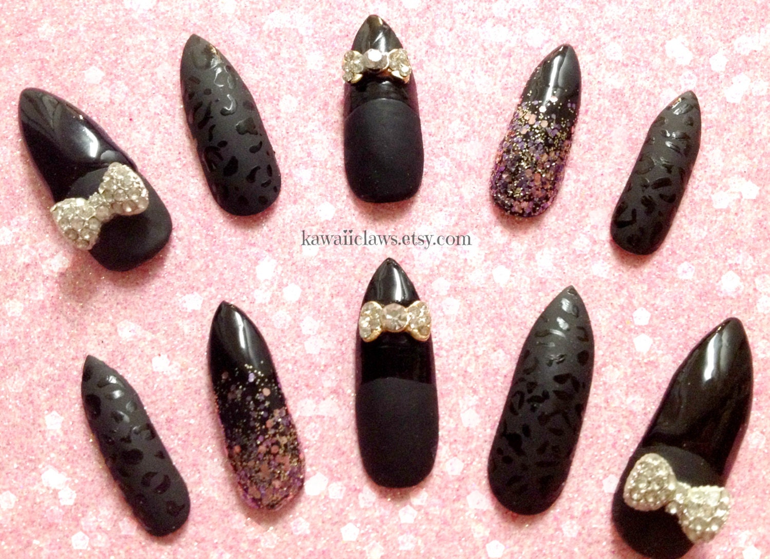 Black matte leopard Nails with glitter and bows stiletto animal print 3D extra long False/Fake claw Nails Gyaru Glam