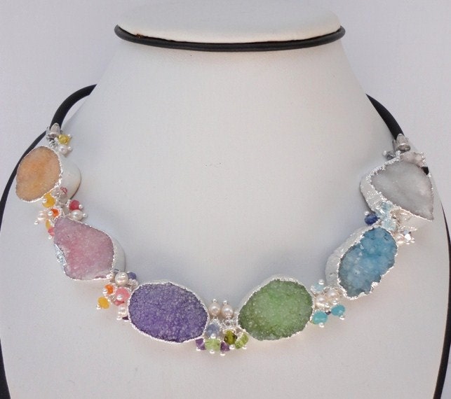 beawork statement necklace as multy color druzy edged in silver with multy gemstone. fine jewelry .druzy jewelry
