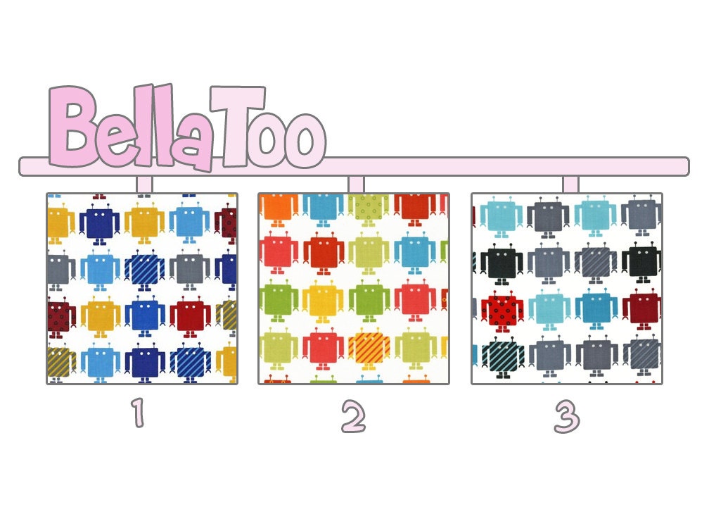 Crib Sheet - Toddler Bed Sheet -  Mini Robots Red Orange Yellow Green Blue Gray - Ann Kelle - Custom Made By BellaToo