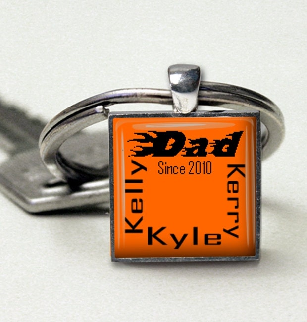 Handmade Custom Gift for Dad Keychain with Childrens Names Orange with Black Flame Font Handmade Keyring Gift for Him Gift Boxed