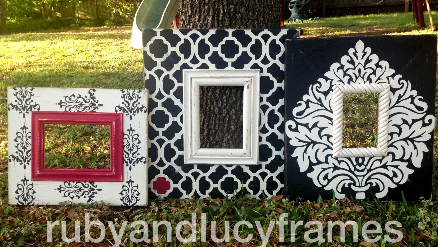 set of three distressed frames in black & white with a touch of red --damask, moroccan, and leaf print damask