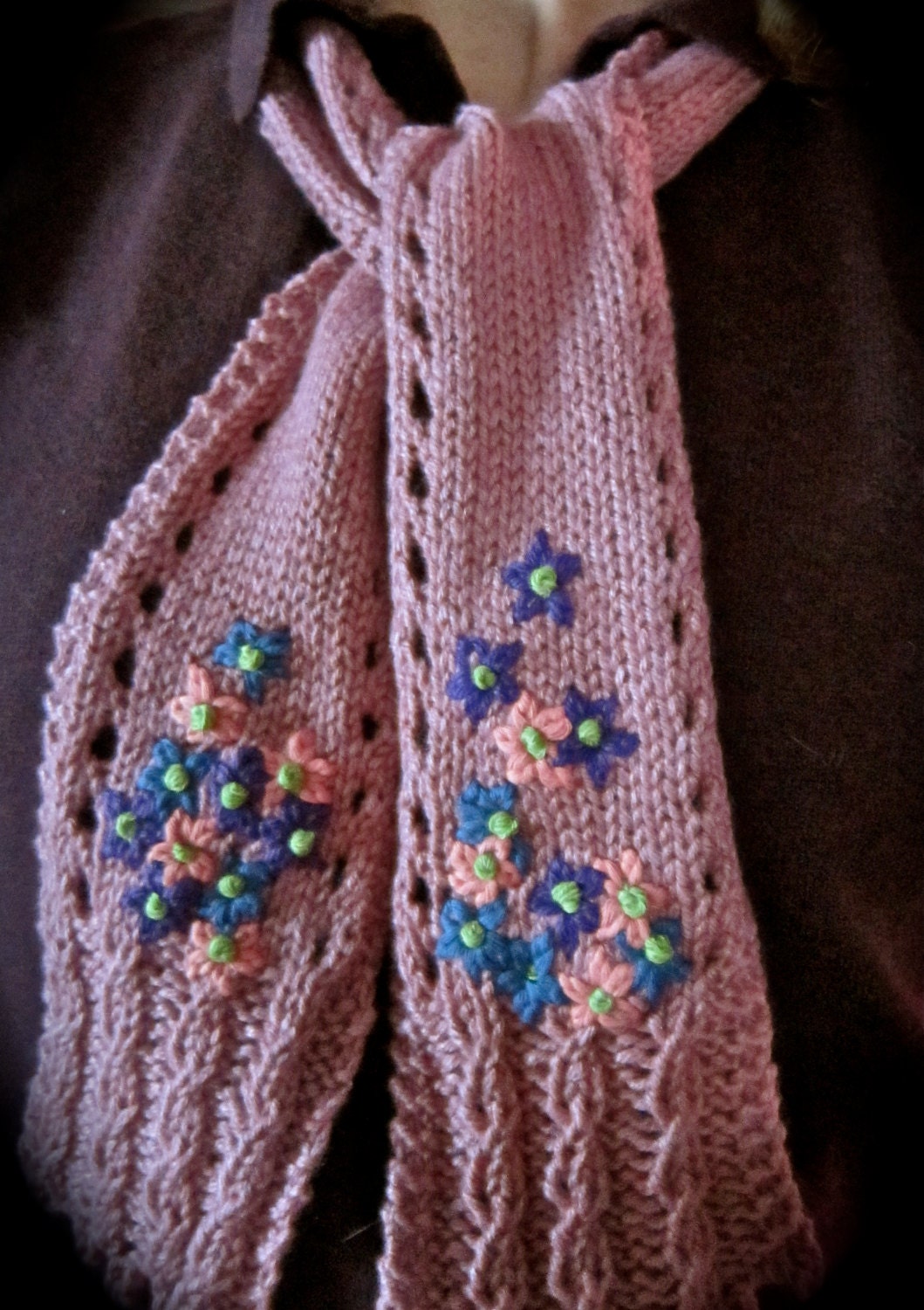 Hand Knit Cashmere Scarf, Hand Embroidered Wool Scarf