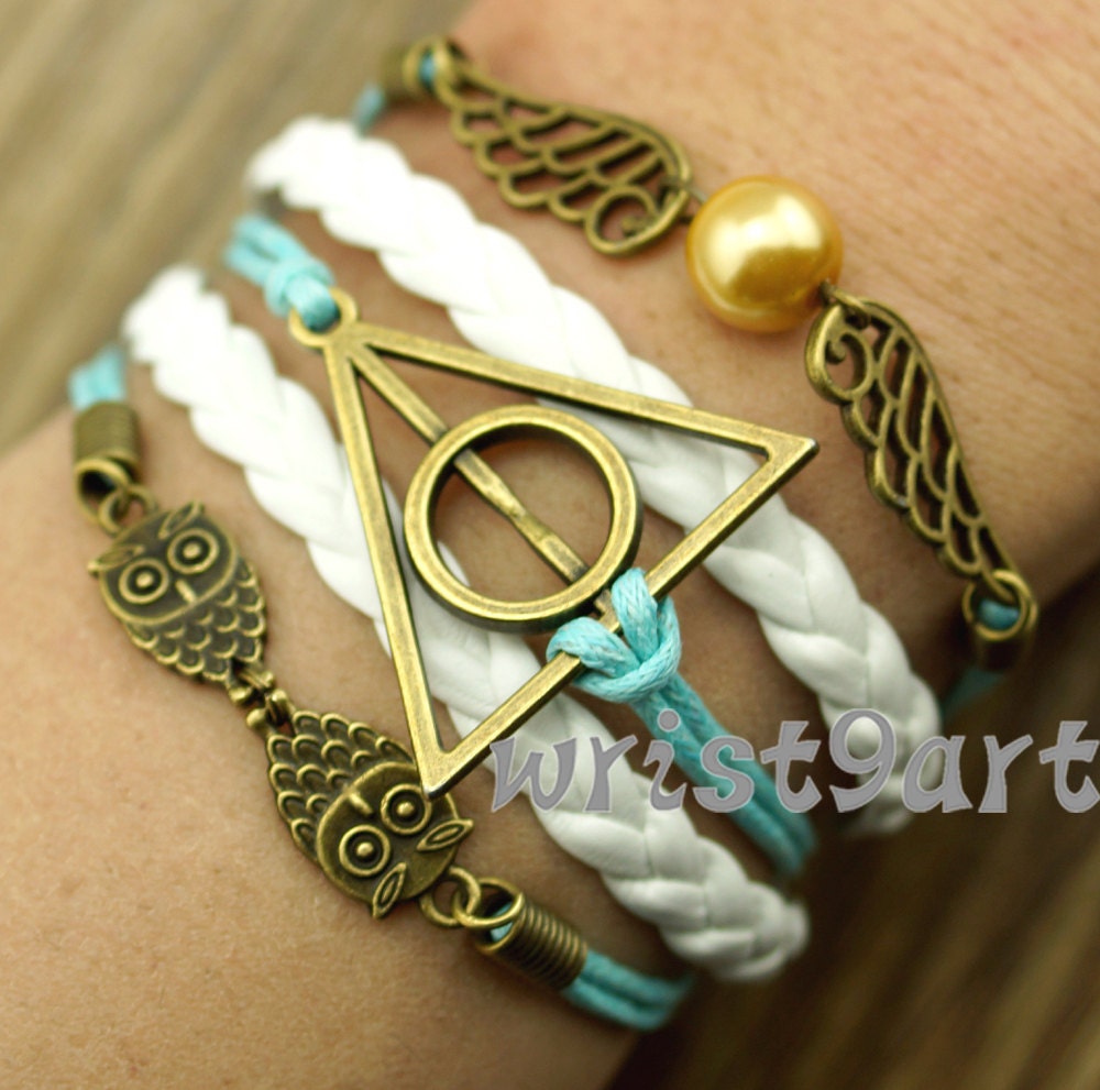 Harry Potter bracelet - Deathly Hallows,owl wing bracelet,antique bronze,vintage style,charm bracelet,braid bracelet