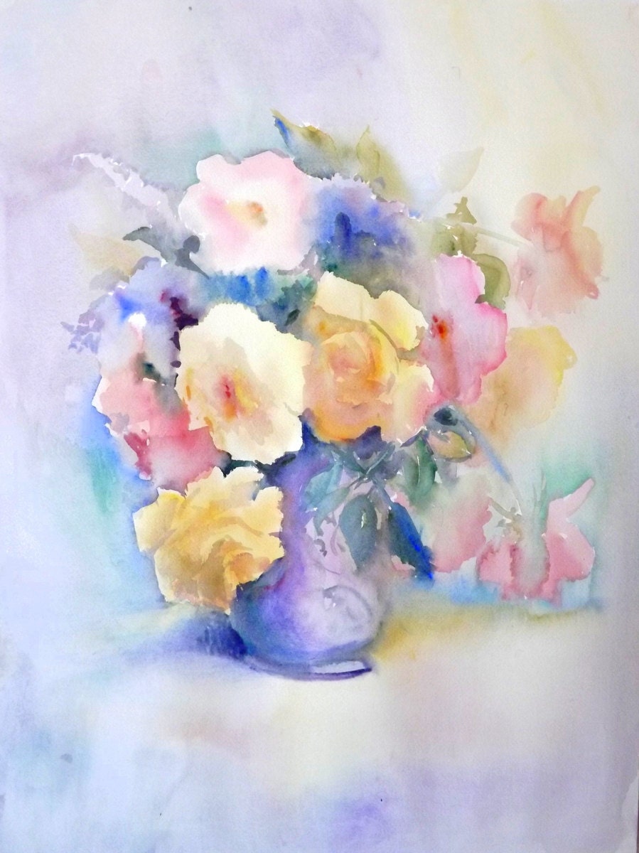 Still life with Roses, original watercolor sketch, 18 X 24, original painting, pale yelllow blue, mild colors