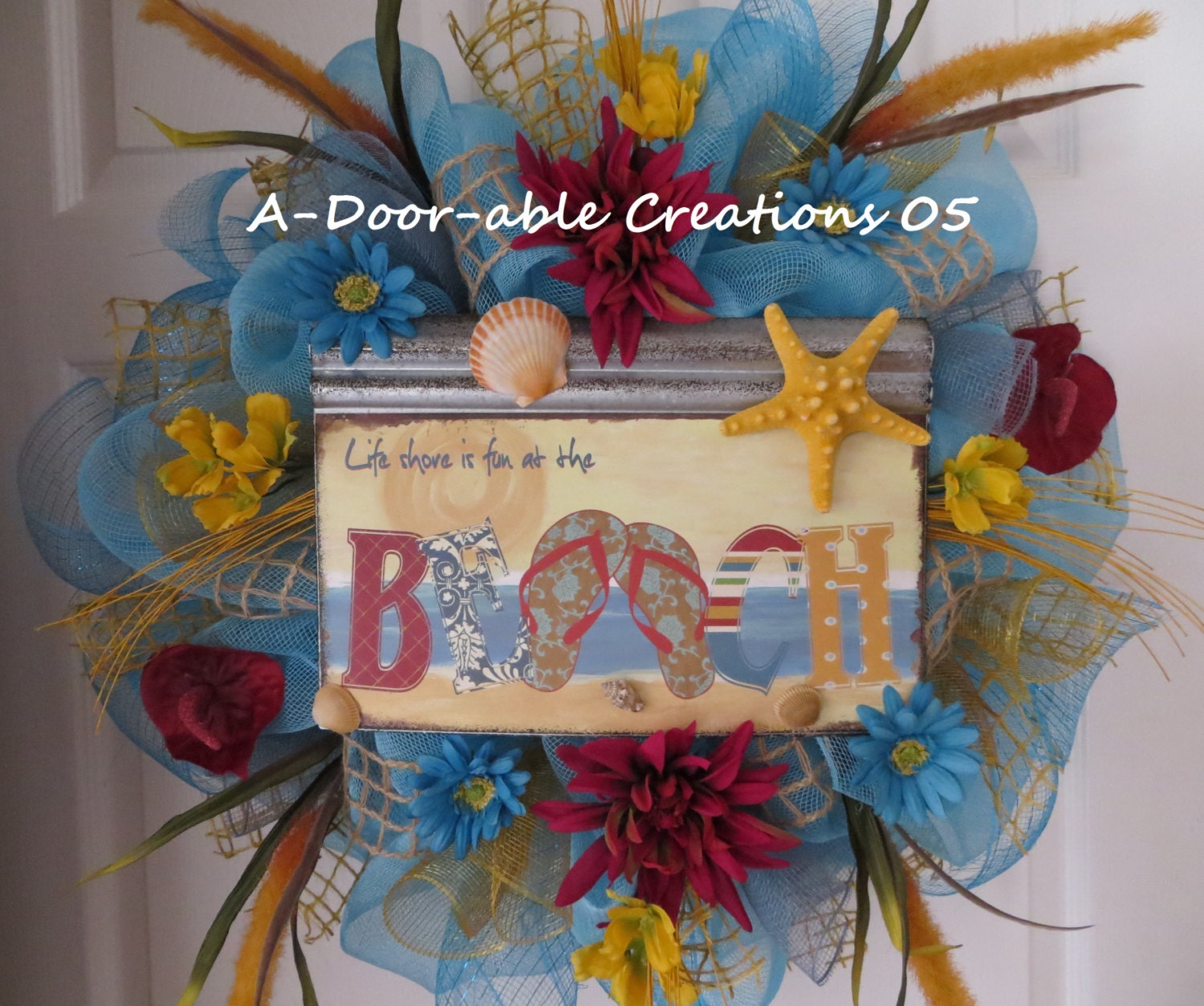 10.00 OFF..Use coupon code..Life shore is fun at the BEACH..Deco Mesh Wreath