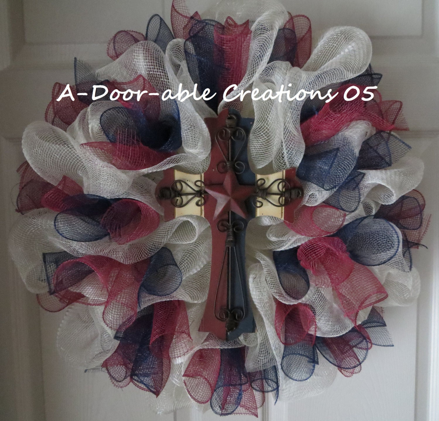 10.00 Off..Use Coupon Code at Checkout..VINTAGE PATRIOTIC CROSS Deco Mesh Wreath