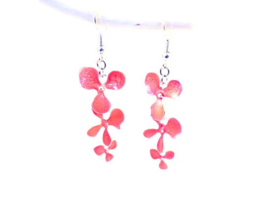 Dangling Handpainted Silver Plated Red Flower Earrings