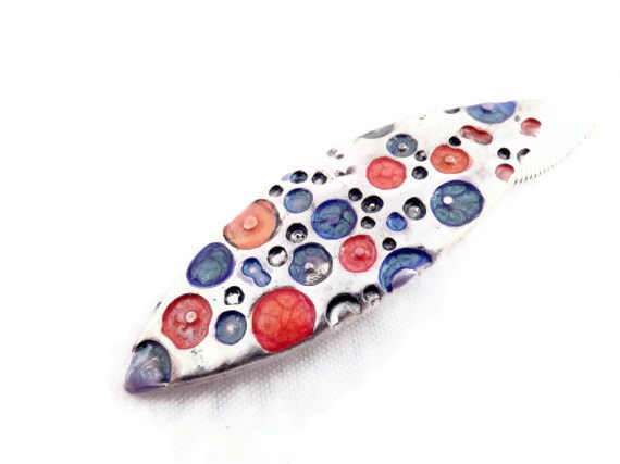 Hand painted antique silver minimalist statement necklace pendant red blue dots