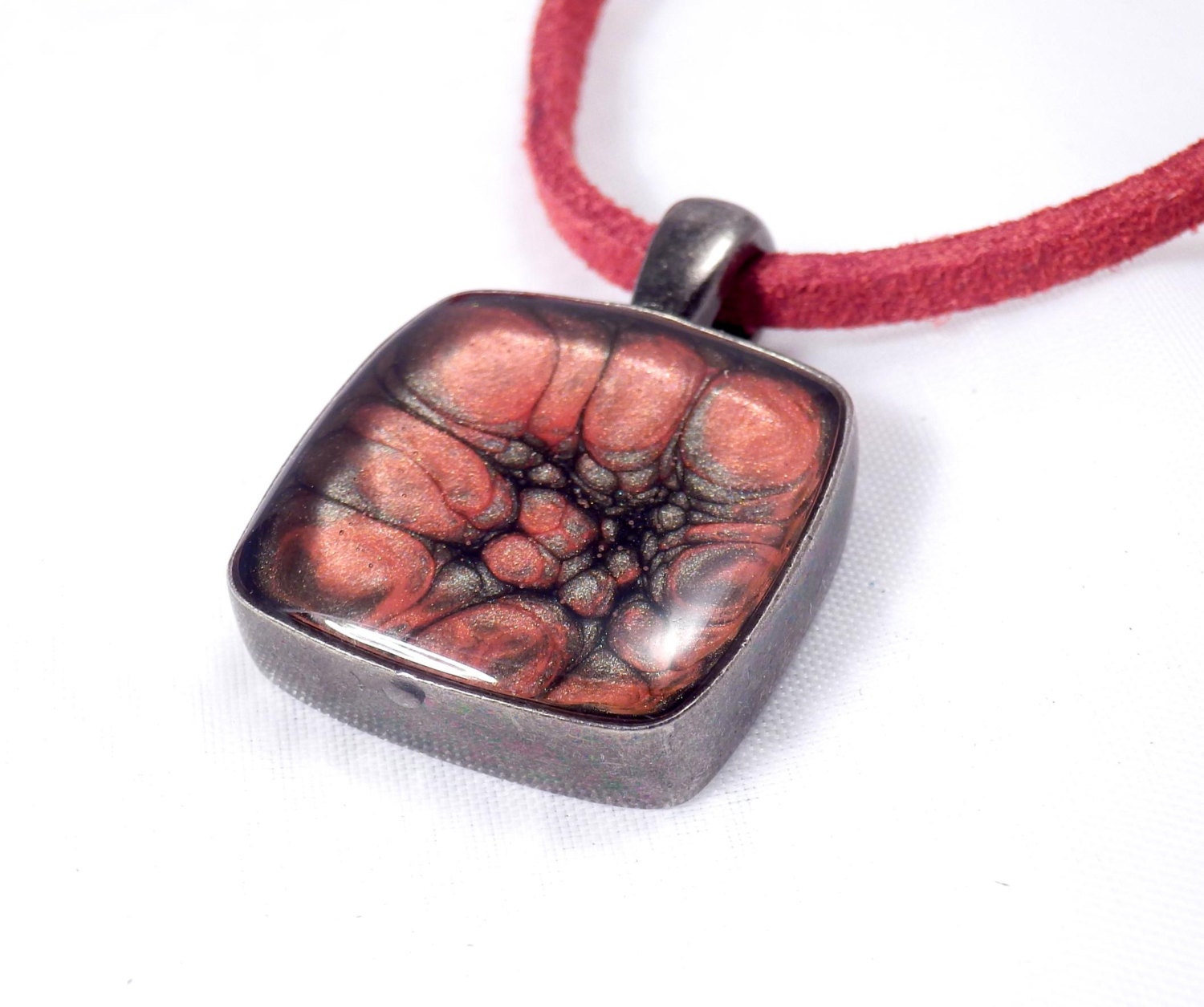 gunmetall small  Square Pendant Red pendant resin pendant necklace jewellery