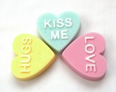 Five Conversation Heart Guest Soaps in Pear, Lemon Cake, and Red Apple fragrances by Lavish Handcrafted