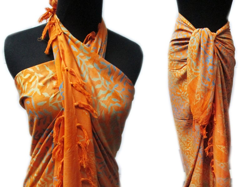 BATIK Beach Sarongs, Bali Sarong, Beach Cover up, Large Shawl, Batik Pareo, HANDMADE, Orange, Rayon, Size 47 x 71 inches.